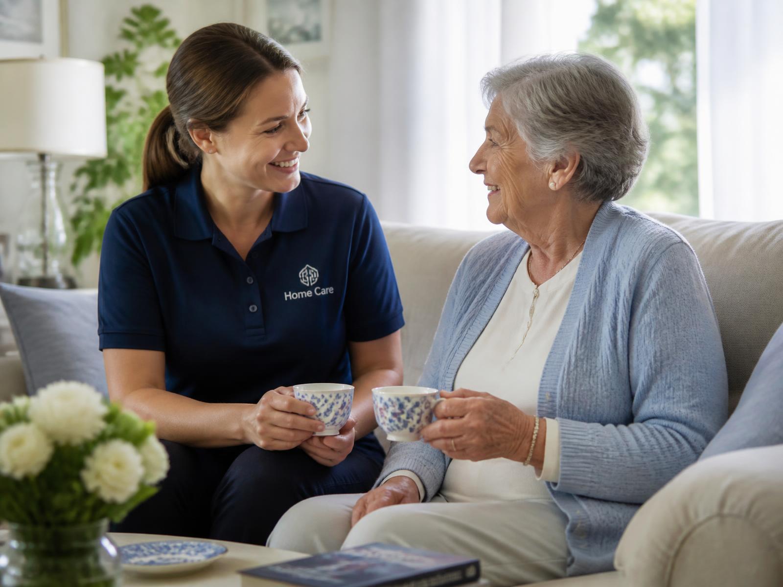 A Home Care Aide sharing tea with an older woman in her living room